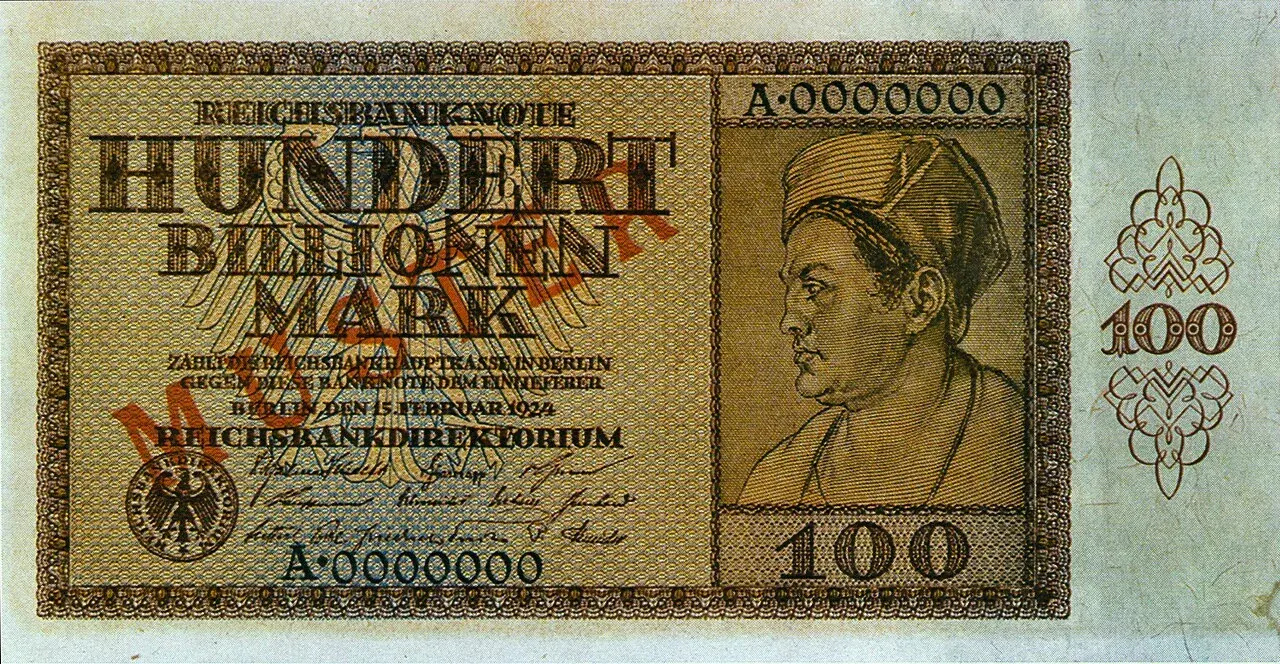 A German banknote with a face value of 100 trillion marks, printed at the peak of the Weimar hyperinflation