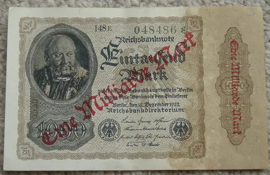 A 1,000 mark note from December 1922, overstamped in red in 1923 to read one billion marks