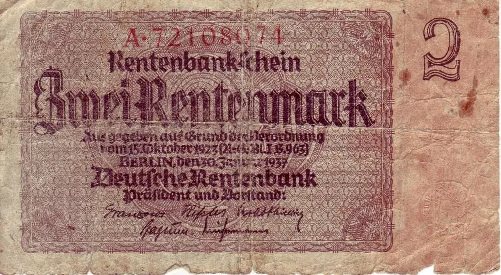A two Rentenmark note, the new currency introduced in November 1923 to replace the inflated Papiermark
