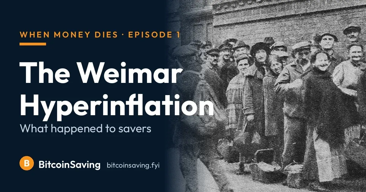 BitcoinSaving article card for the Weimar hyperinflation story, showing a Berlin bread line photograph from 1923
